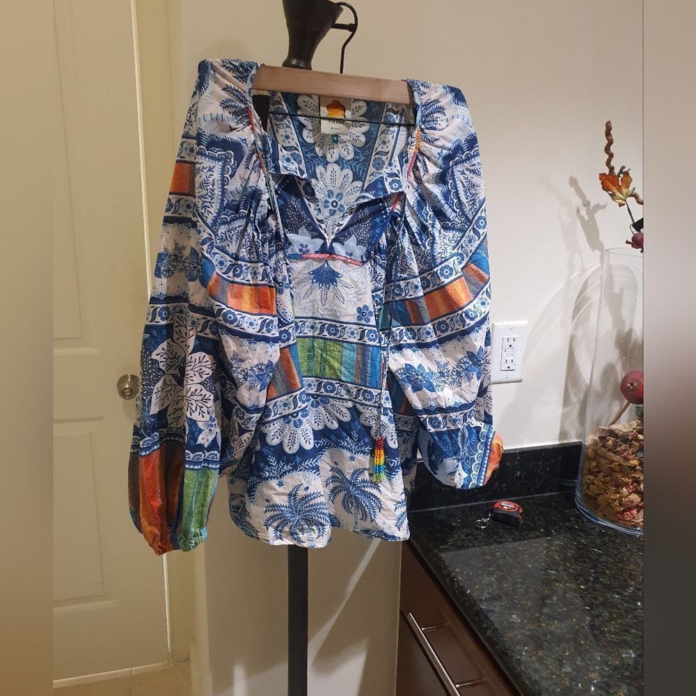 FARM Rio Blue Palms Blouse Medium Organic Cotton